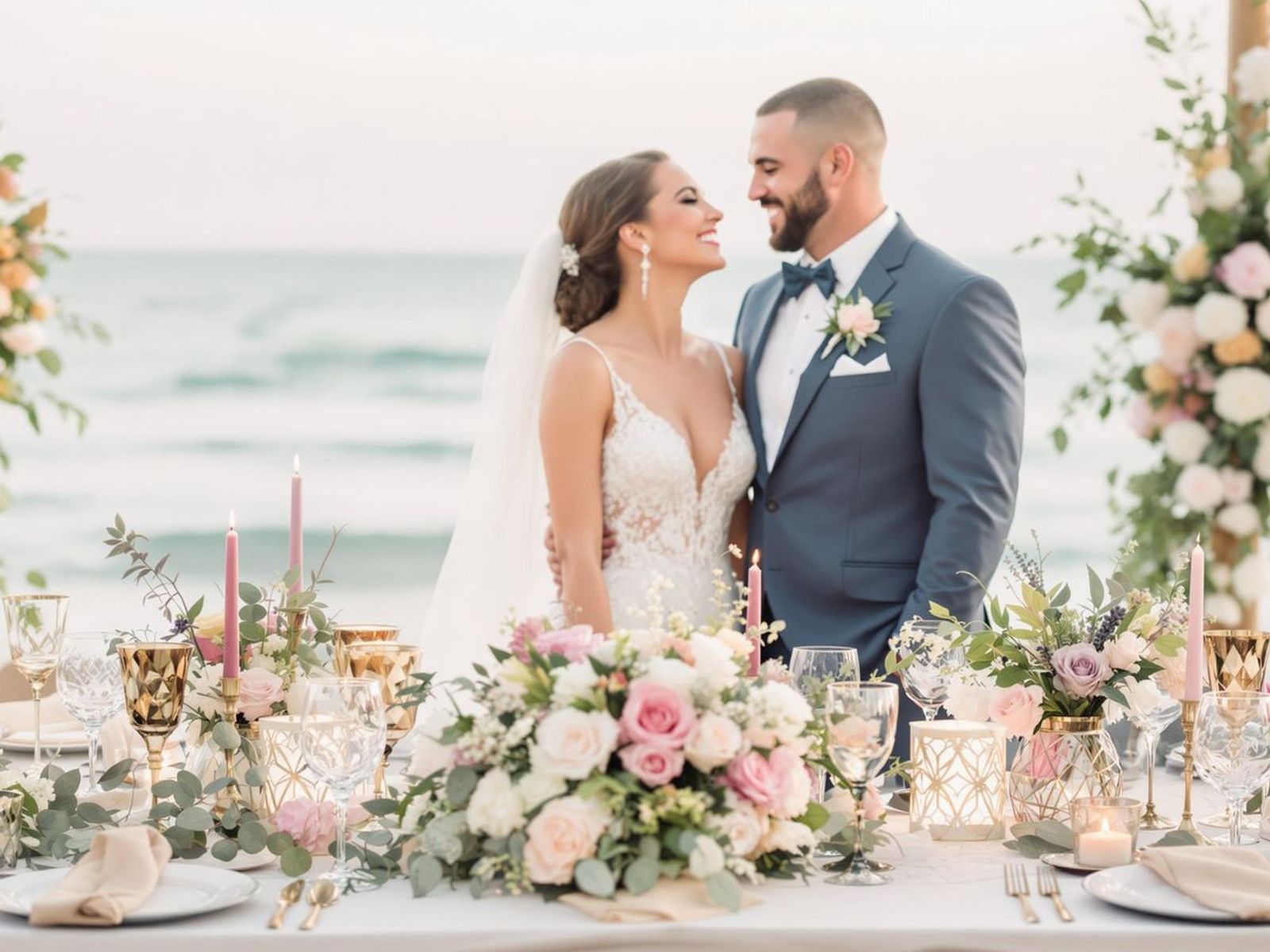 Wedding couple standing behind a pale floral table
