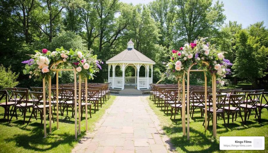 Gazebo Aisle Flower-lined outdoor aisle leading to a white gazebo