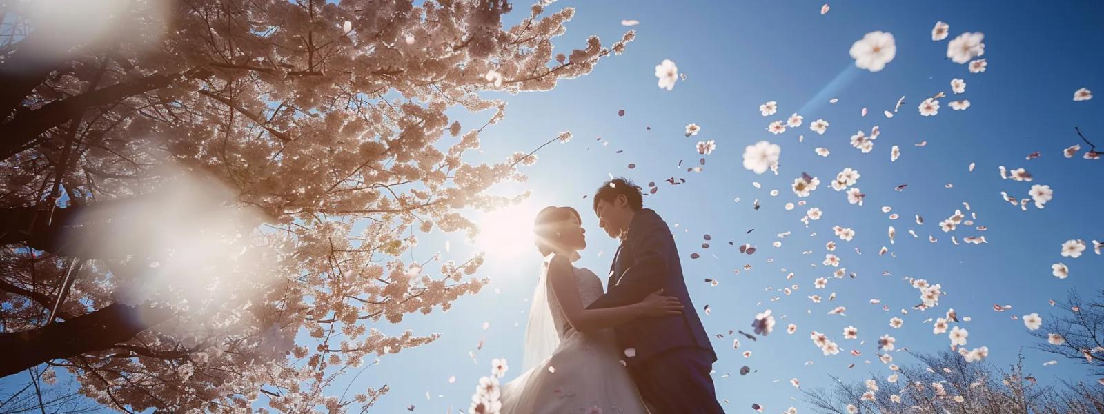 Backlit couple beneath a flowering tree as petals fill the air