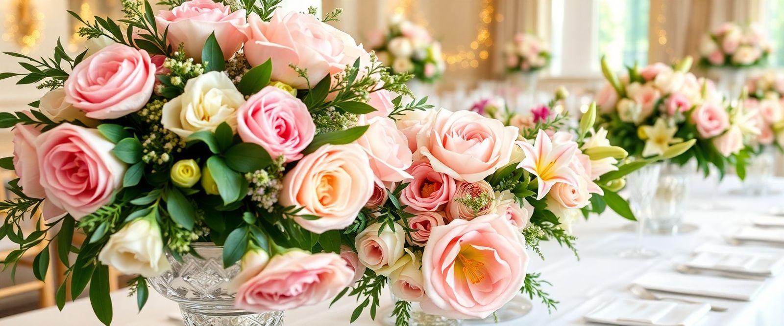 Pink and white roses arranged across a table
