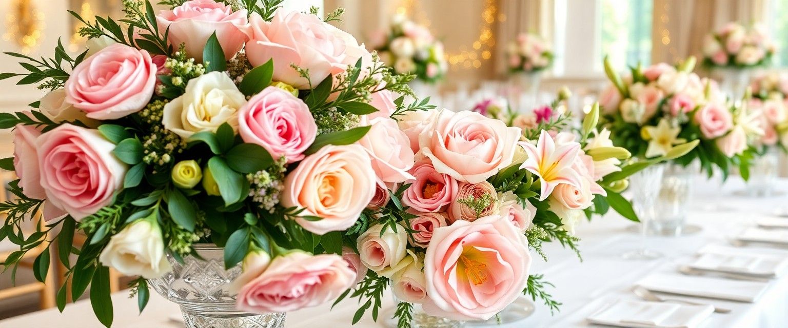 Rose Arrangement Pink and white roses arranged across a table