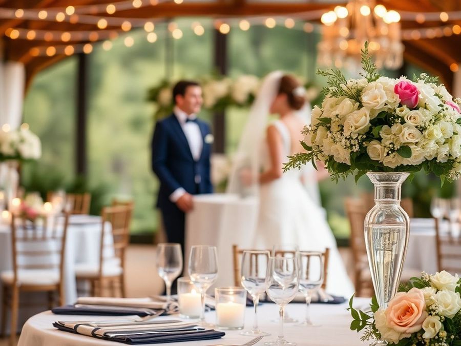 Flowers in Focus Flower arrangement in focus with a wedding couple blurred behind