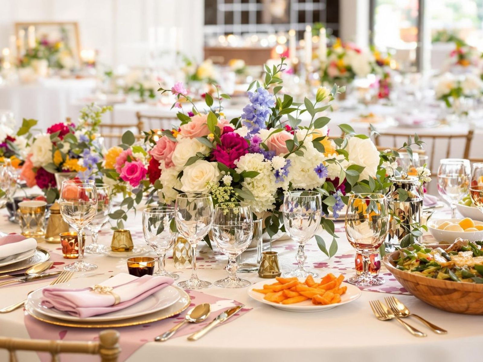 Colorful floral reception table with plates glasses and food