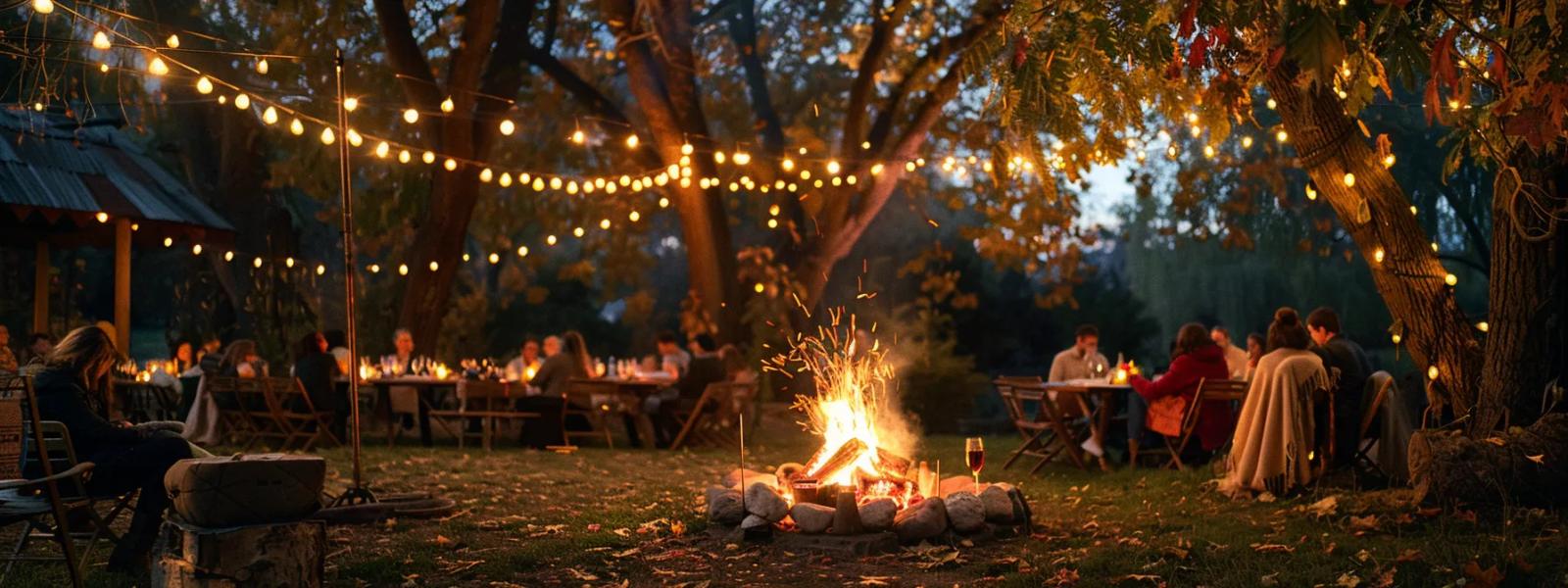 Firelight Gathering Guests seated around a fire beneath string lights