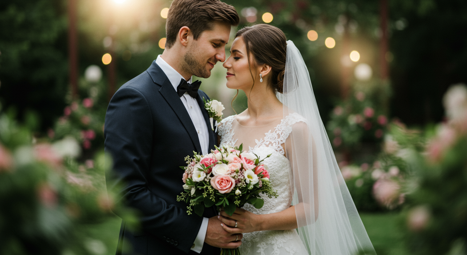 Wedding couple standing close together while holding a bouquet