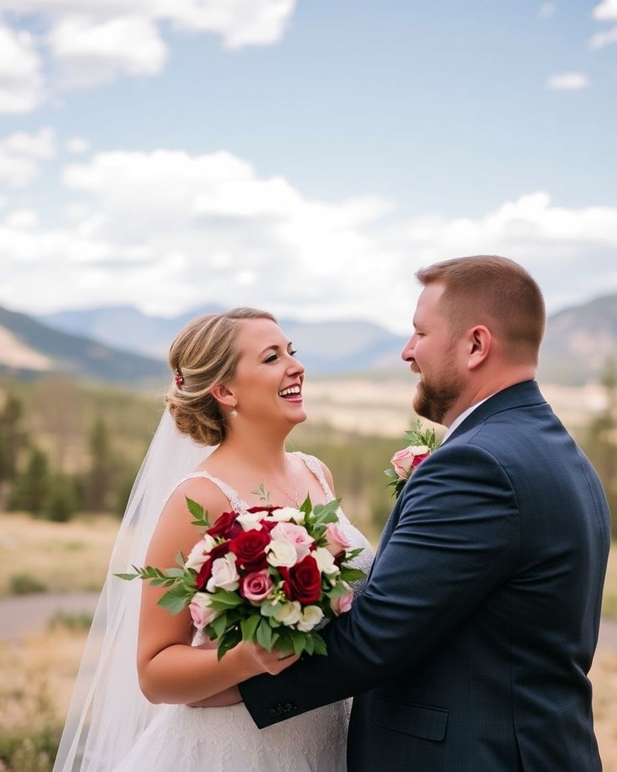 Red Bouquet Portrait Wedding couple facing each other outdoors with a red bouquet