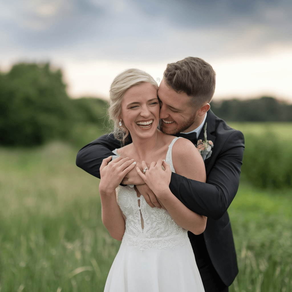 Playful Embrace Wedding couple laughing while one hugs the other from behind