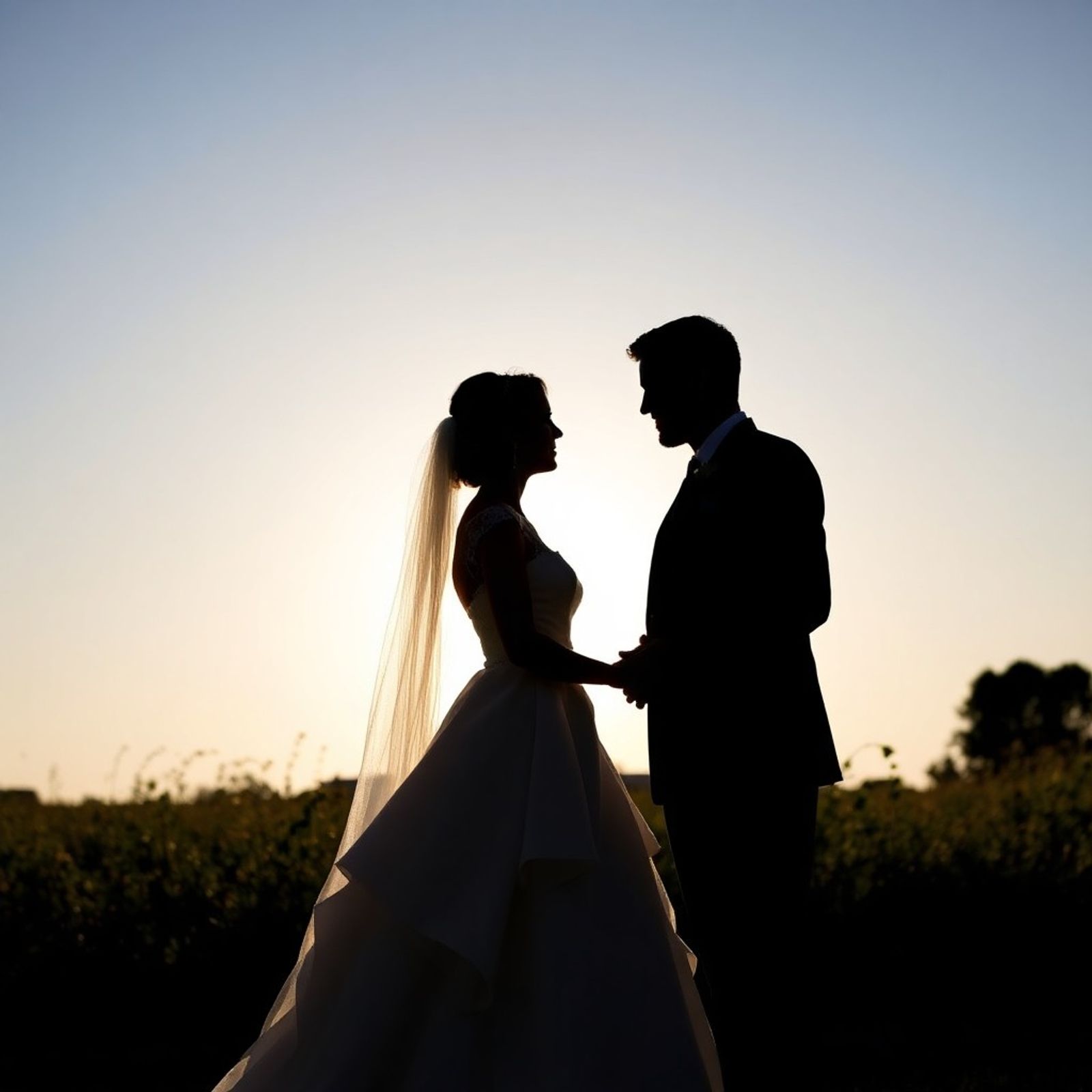 Silhouette of a wedding couple facing each other at dusk