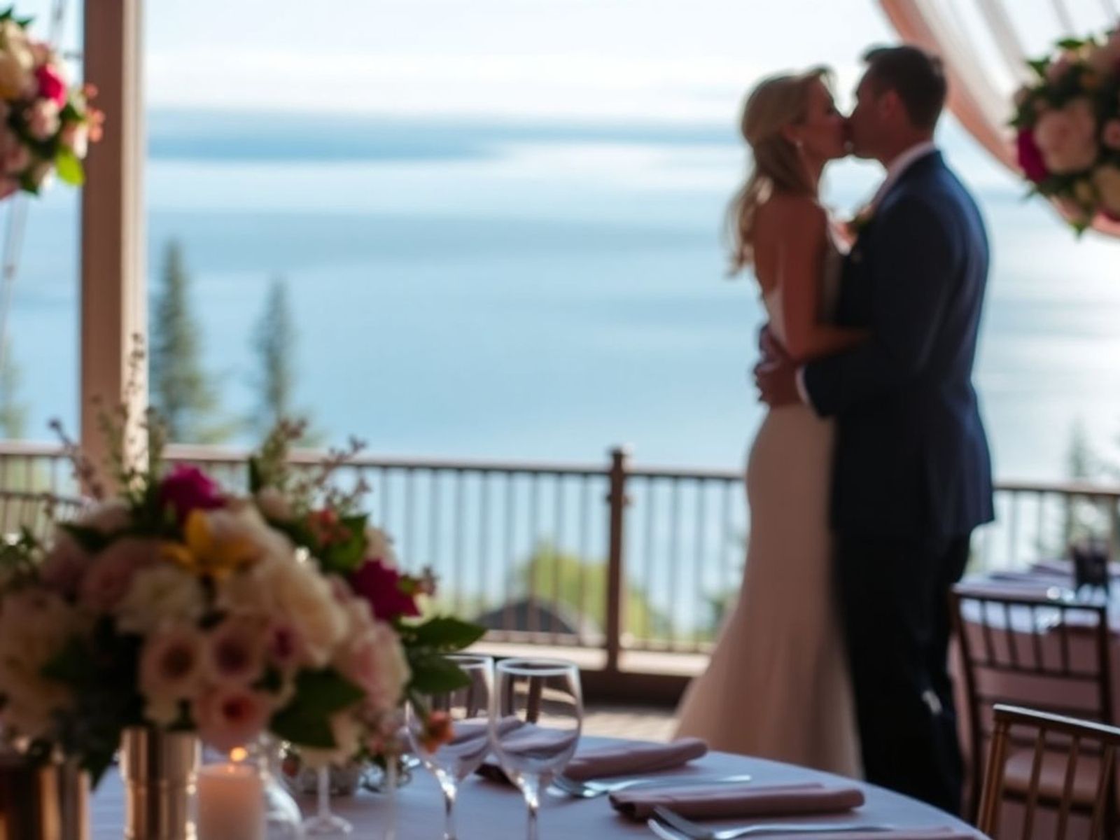 Wedding couple blurred beyond a flowered table near blue water