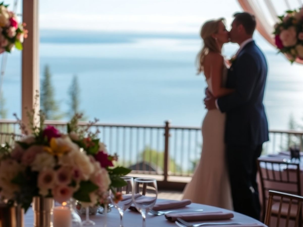 Waterside Reception Wedding couple blurred beyond a flowered table near blue water