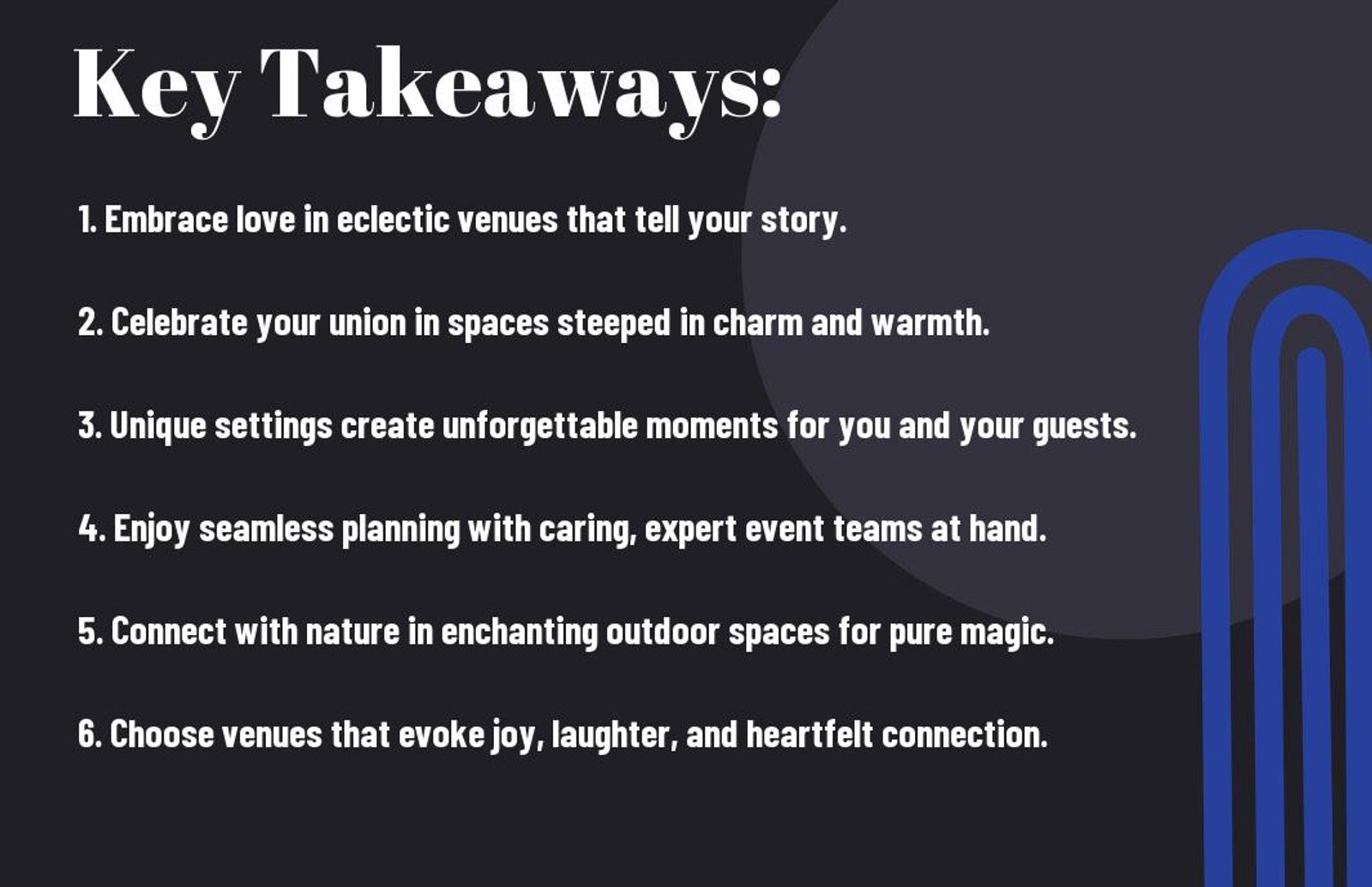 Key takeaways graphic with six wedding venue selection points