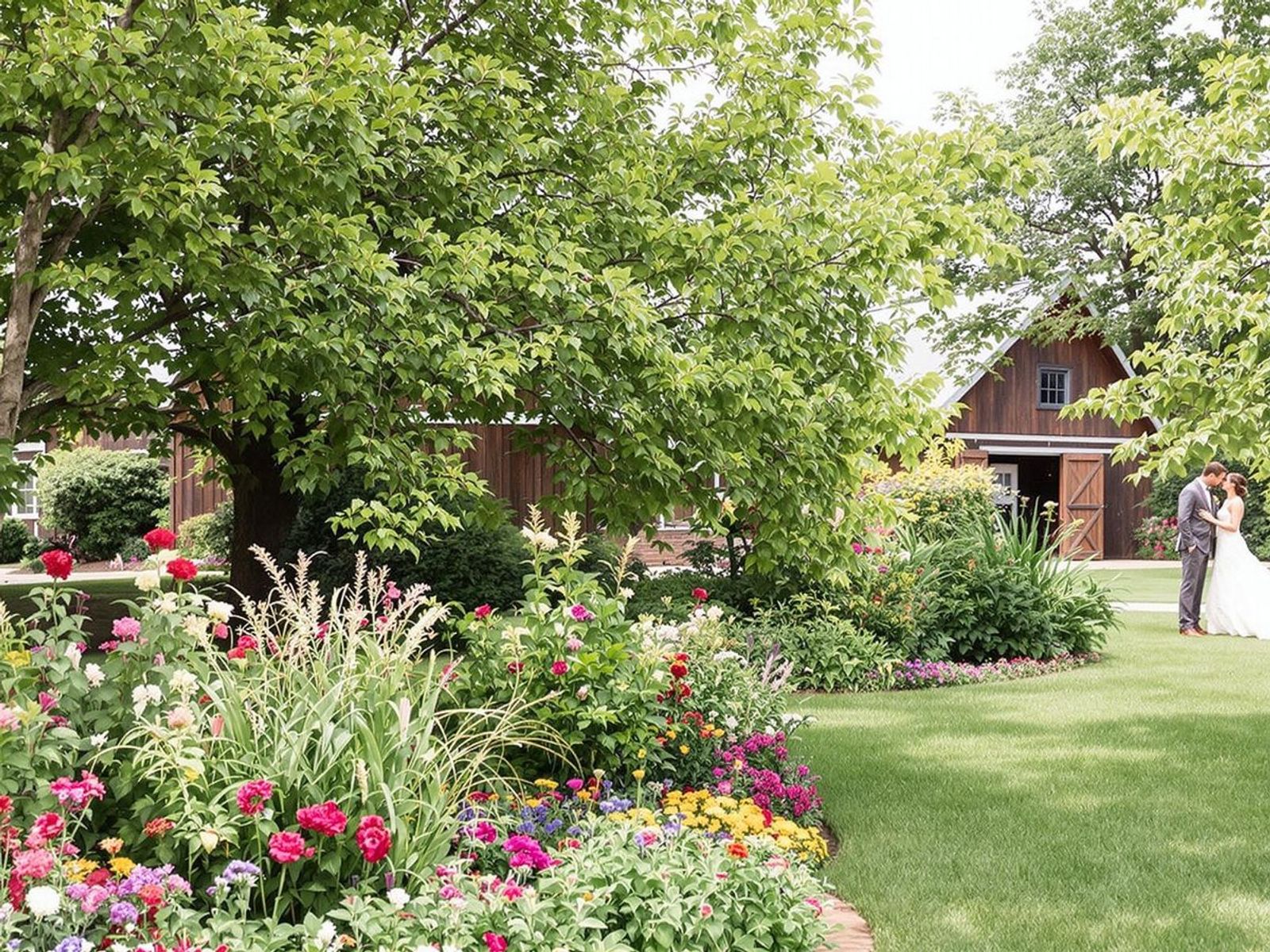 Garden lawn with flowers trees and a building partly visible