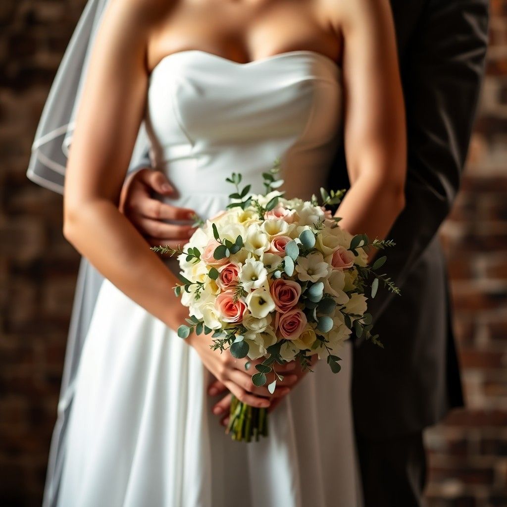 Bouquet Close-Up Cropped person in a white dress holding a peach-and-white bouquet