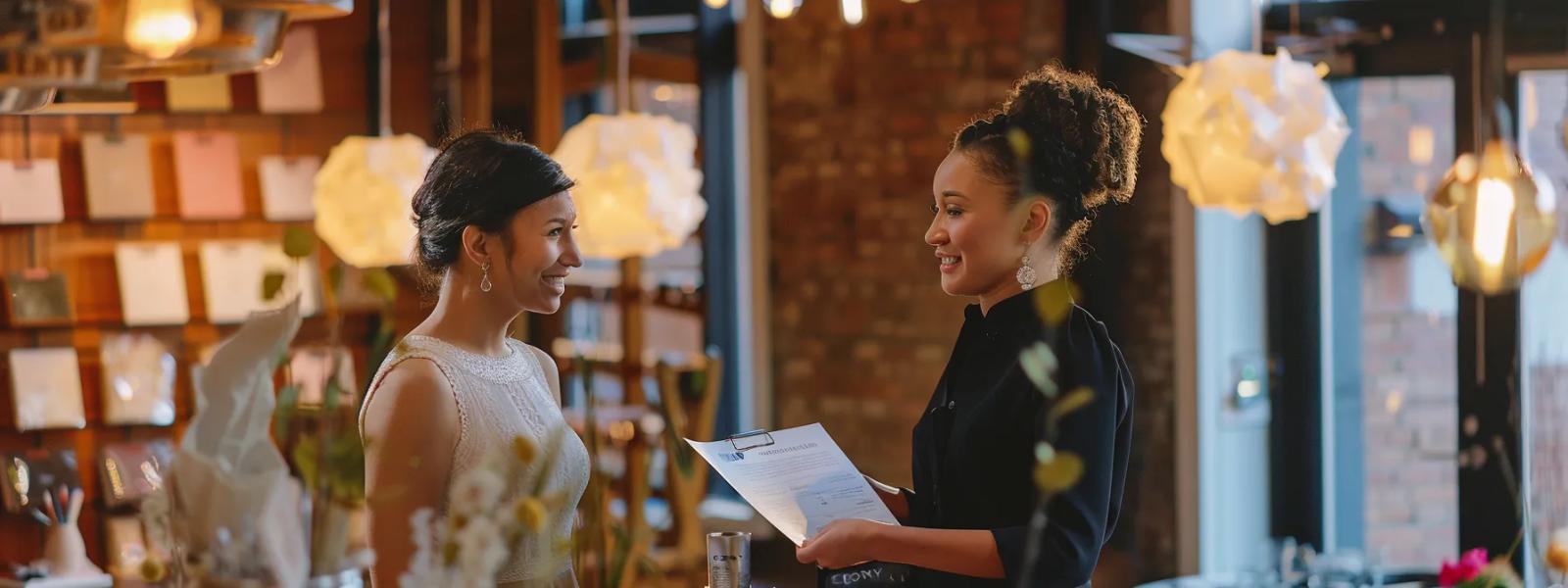 Two people speaking indoors with one holding a sheet of paper