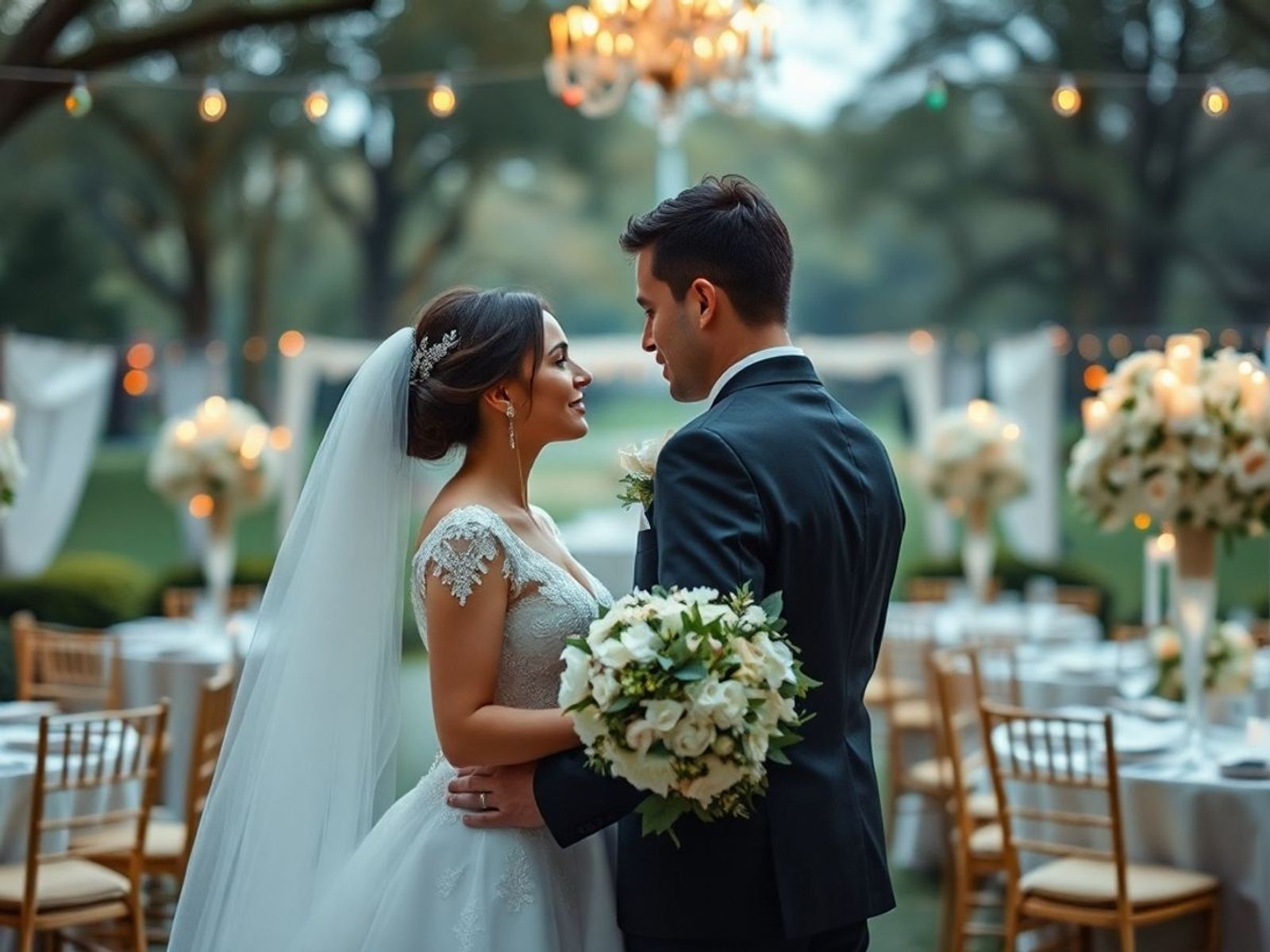 Wedding couple facing each other between decorated reception tables