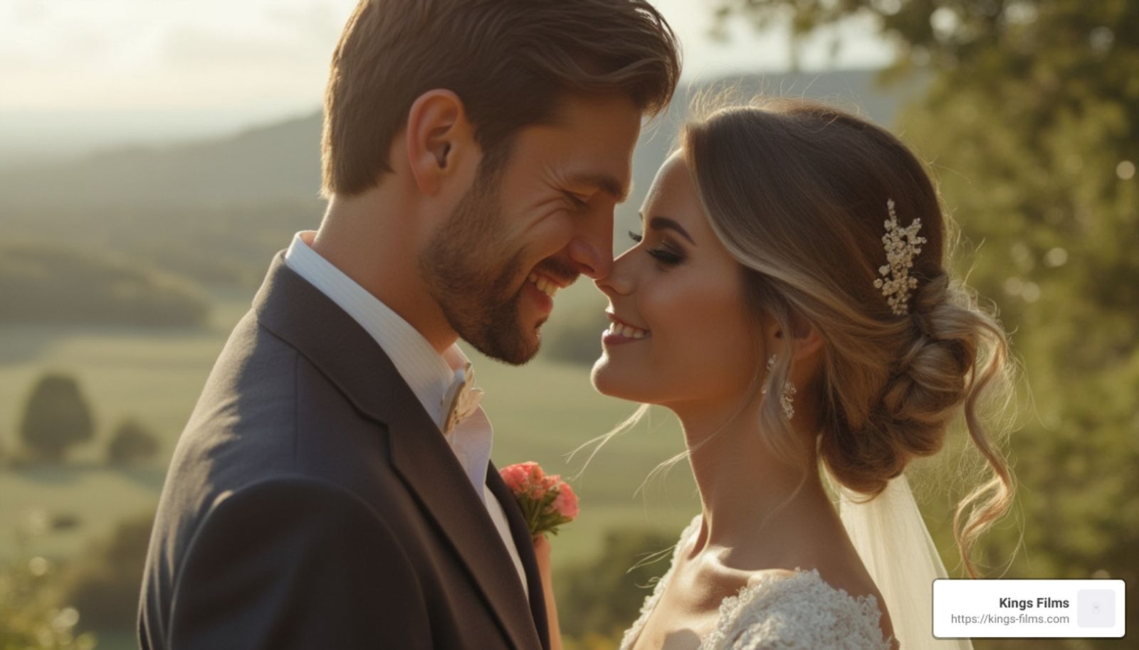 Close portrait of a wedding couple facing each other outdoors
