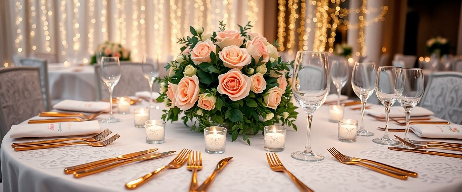 Reception table with a rose centerpiece plates candles and glassware