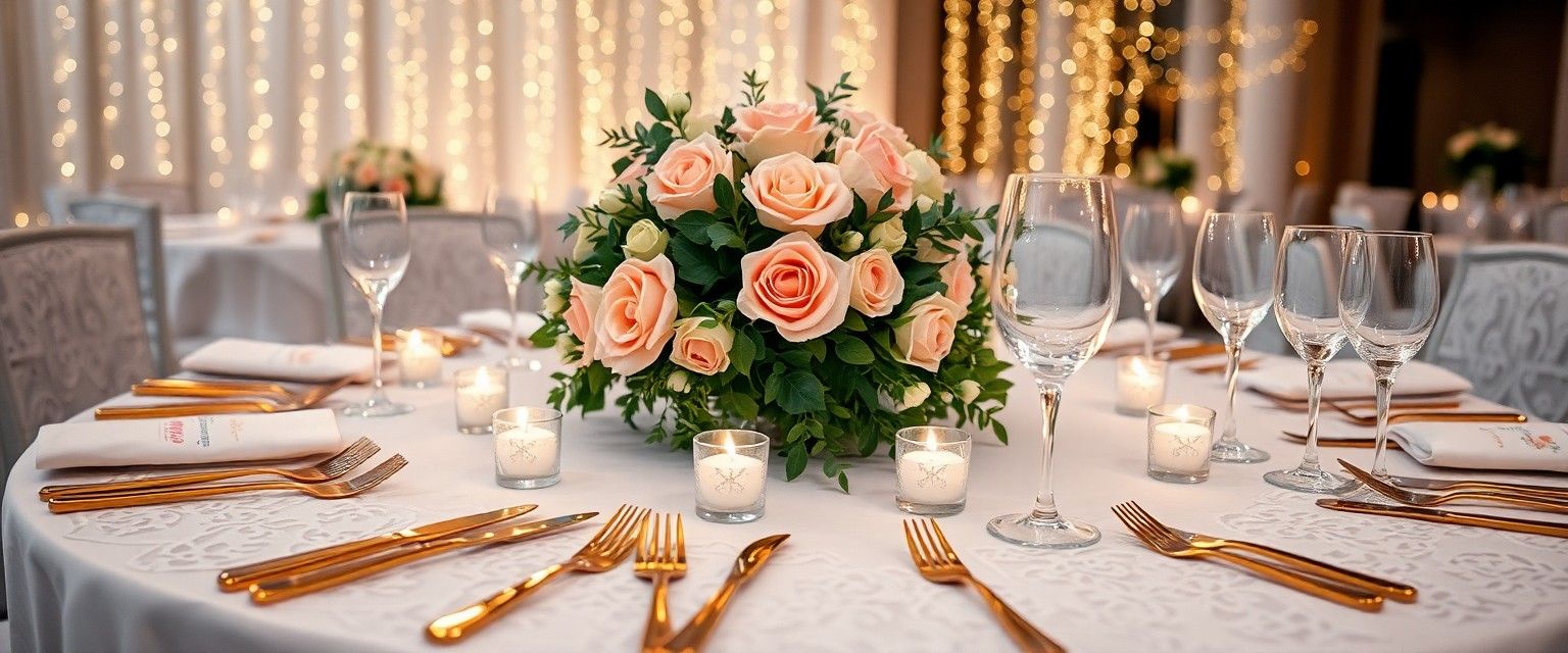 Rose Centerpiece Table Reception table with a rose centerpiece plates candles and glassware