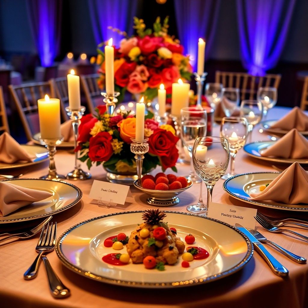 Candlelit Dinner Candlelit dinner table with red flowers and plated food