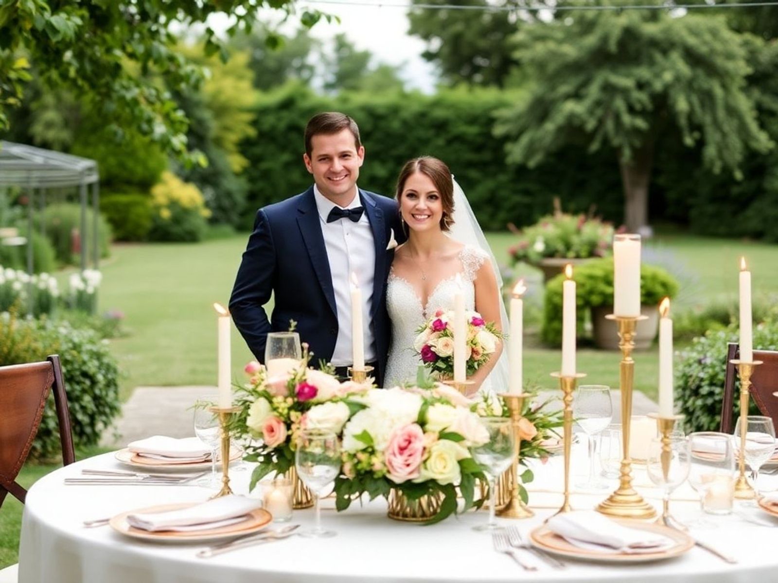 Wedding couple standing behind an outdoor table with flowers and candles