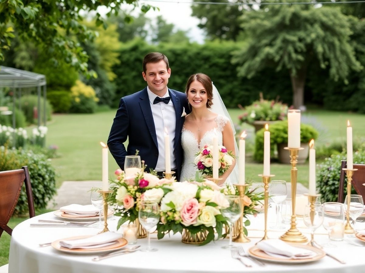Outdoor Table Portrait Wedding couple standing behind an outdoor table with flowers and candles