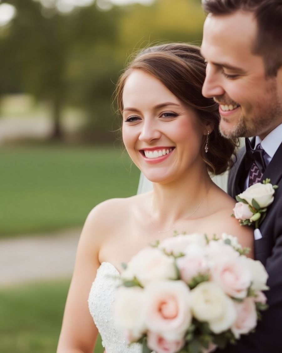 Soft Couple Portrait Close portrait of a wedding couple with pale flowers in front