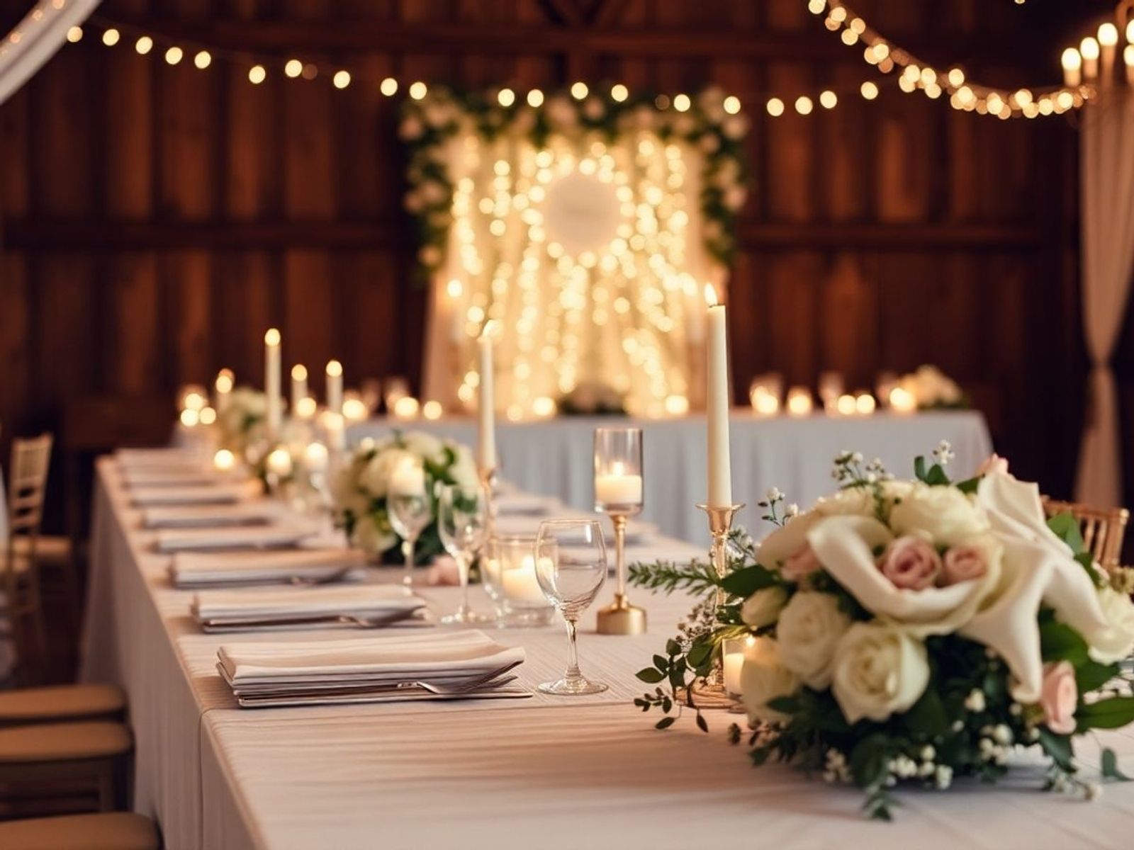 Long reception table with flowers beneath warm string lights