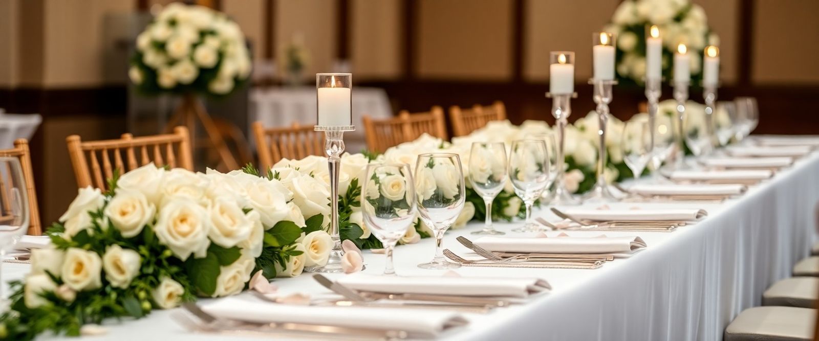 Long banquet table with white flowers candles and place settings