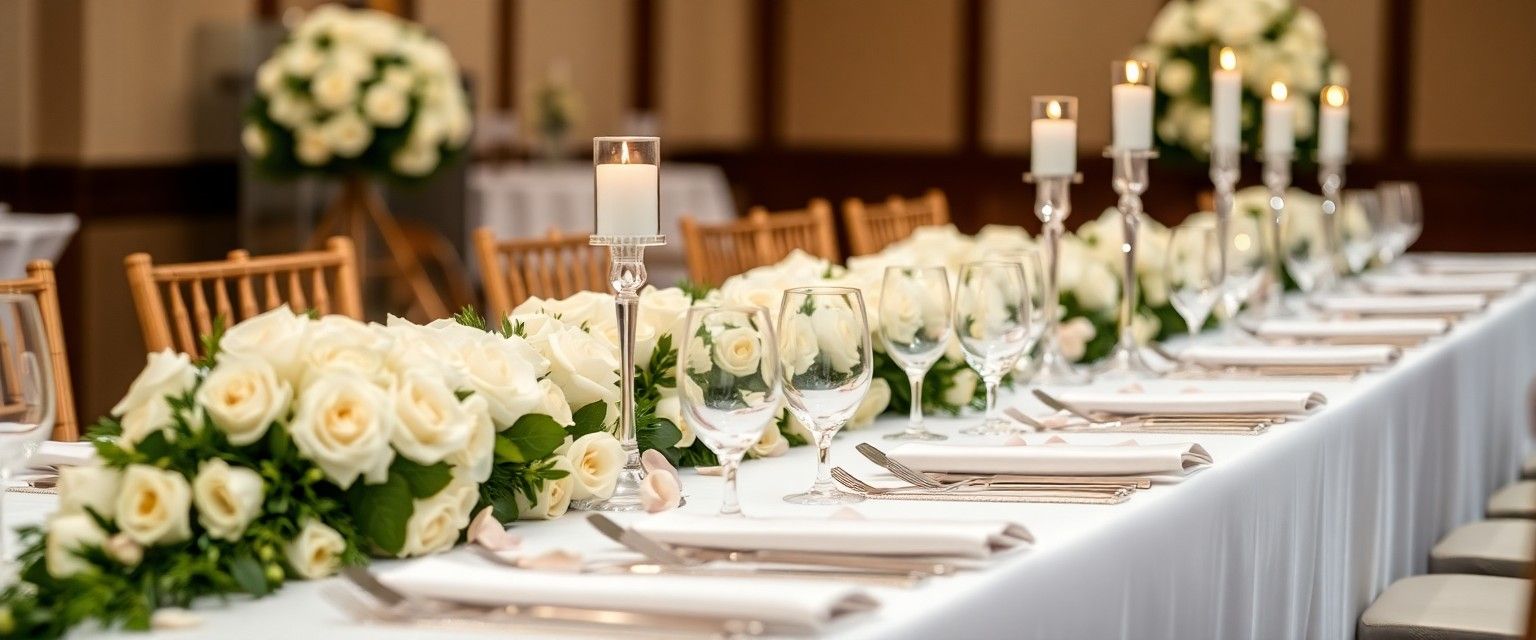White Floral Banquet Long banquet table with white flowers candles and place settings