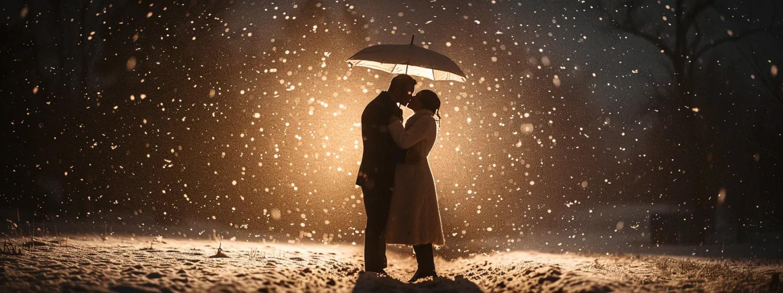 Silhouetted couple kissing beneath an umbrella in falling snow