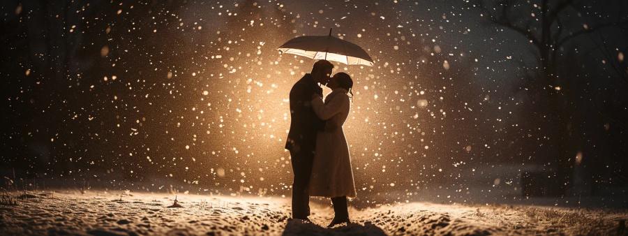 Silhouetted couple kissing beneath an umbrella in falling snow