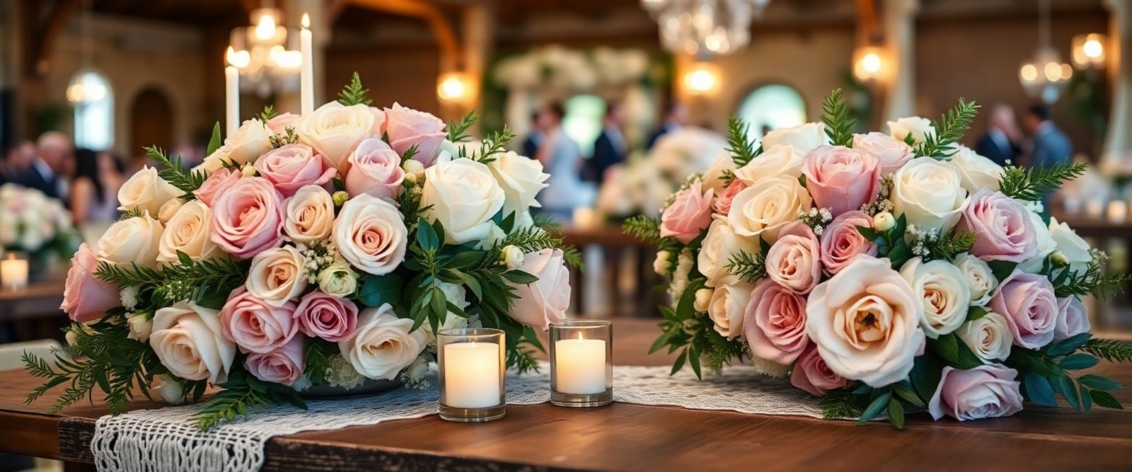 Several pink and white flower bouquets arranged on a table