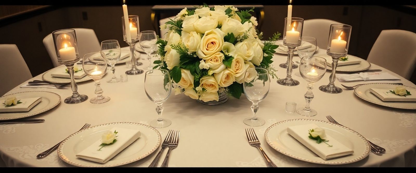 Round dining table set with plates glasses napkins and white flowers