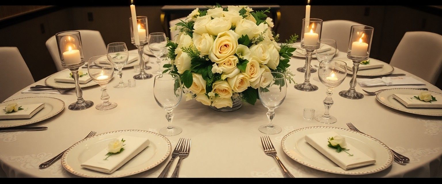 Round Dining Table Round dining table set with plates glasses napkins and white flowers