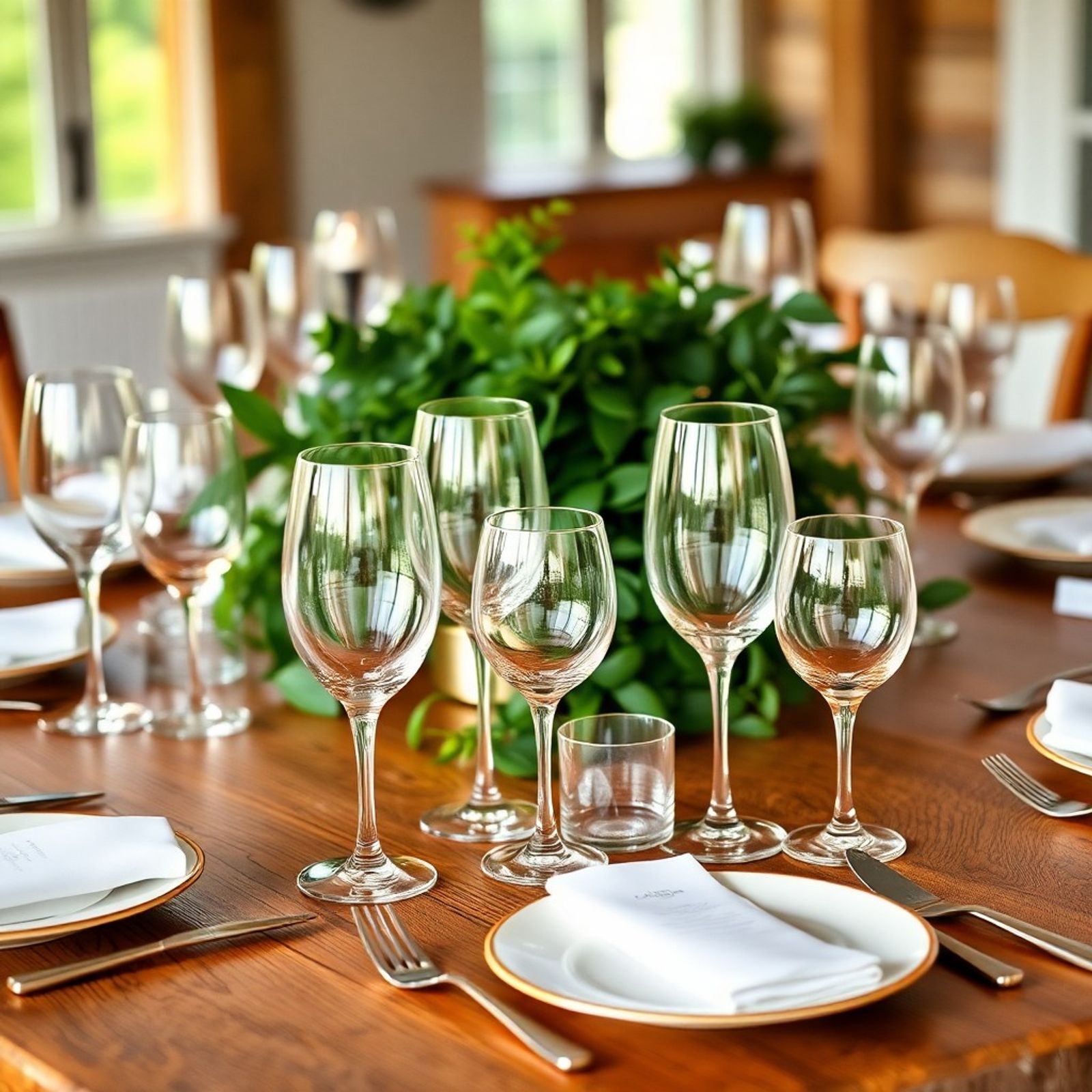 Dining table with wine glasses plates and green foliage