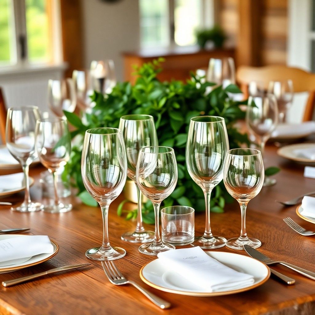 Greenery Table Setting Dining table with wine glasses plates and green foliage