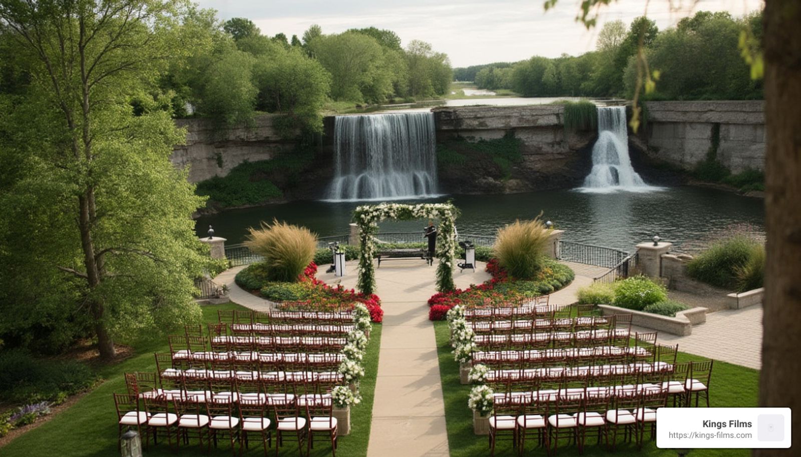 Outdoor ceremony setup facing a waterfall