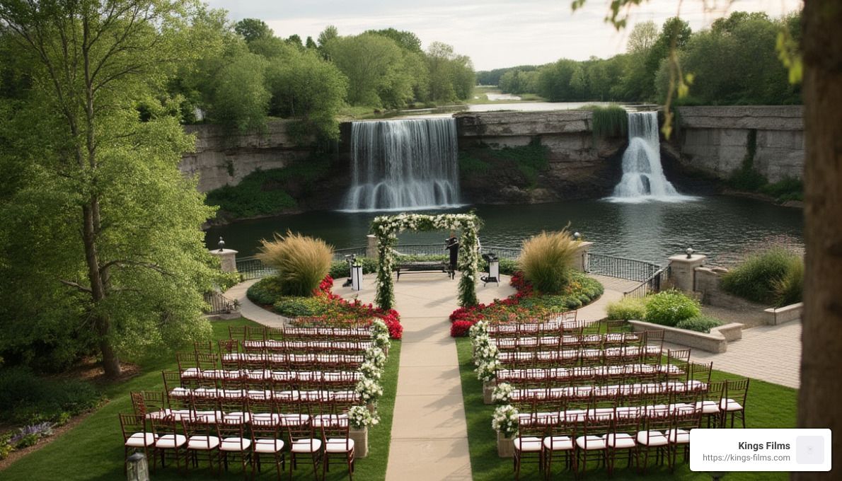 Waterfall Ceremony Outdoor ceremony setup facing a waterfall