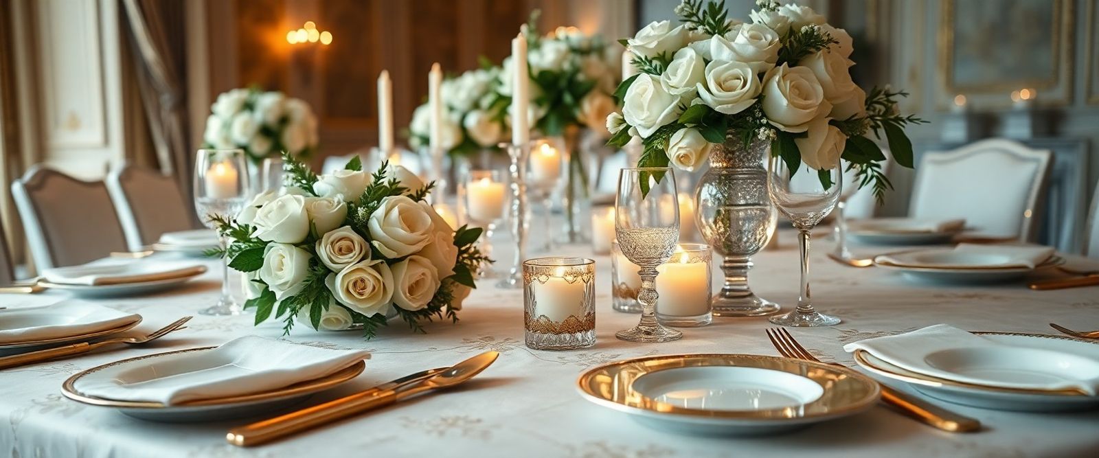 Candlelit table with pale flowers plates and cutlery