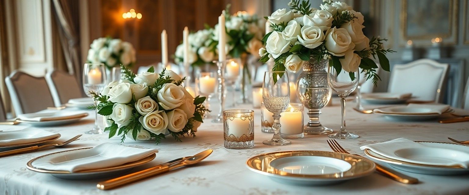 Pale Floral Table Candlelit table with pale flowers plates and cutlery