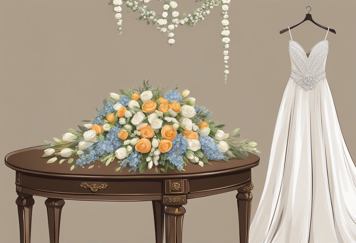 Dress and Bouquet White dress hanging beside a table holding a bouquet and small items