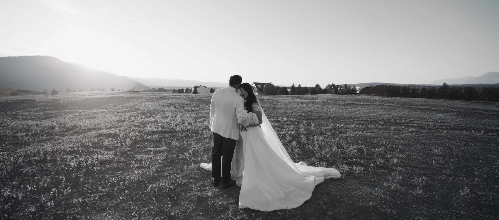 Black-and-white rear view of two formally dressed people standing in an open field.