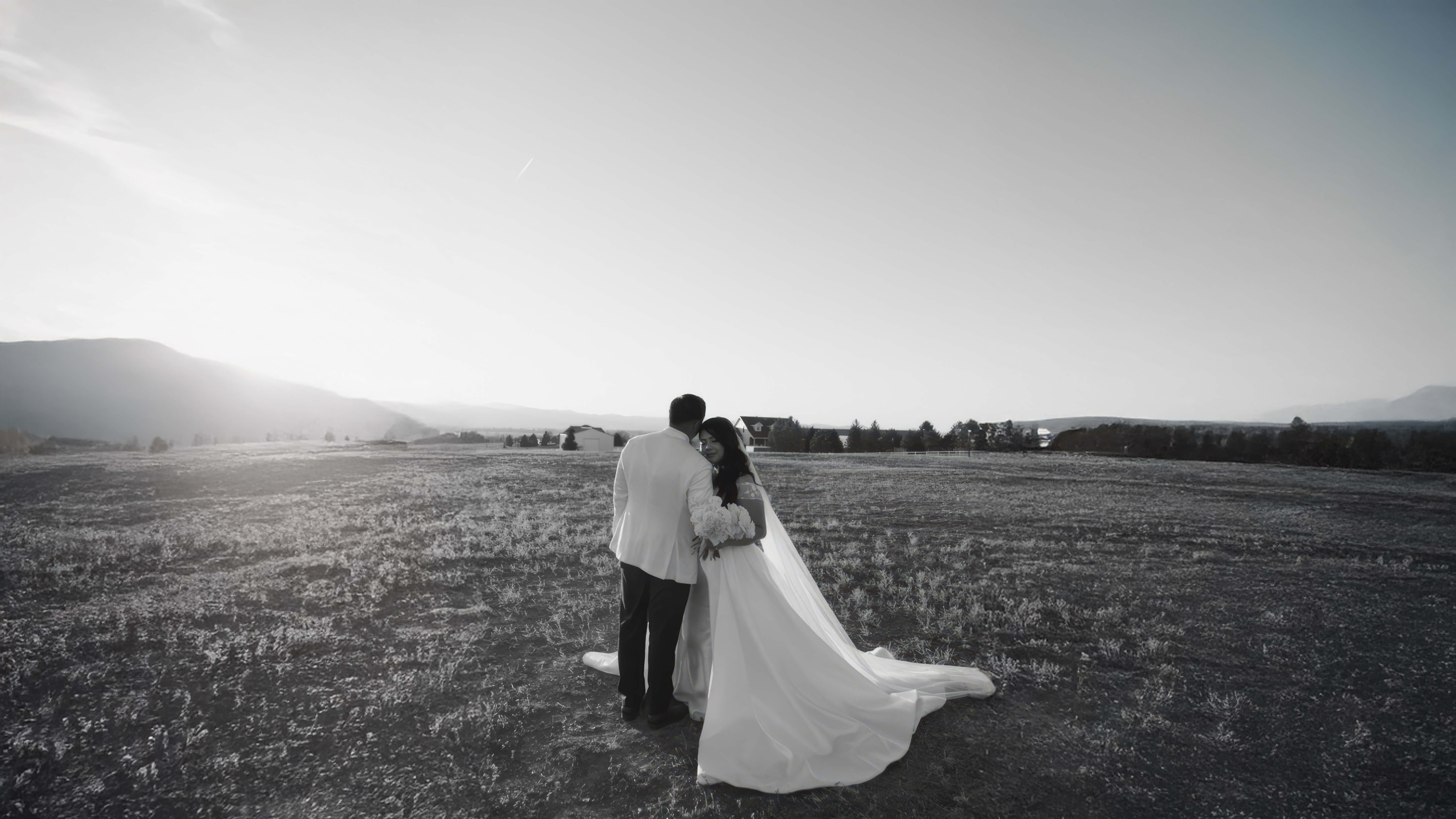 Black-and-white rear view of two formally dressed people standing in an open field.