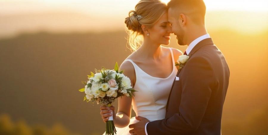 Golden Hour Couple Wedding couple standing close in warm sunset light