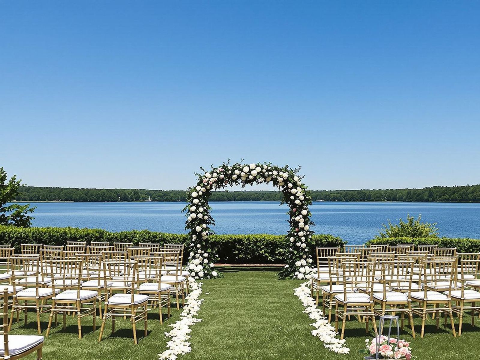 Outdoor ceremony chairs facing a floral arch beside water
