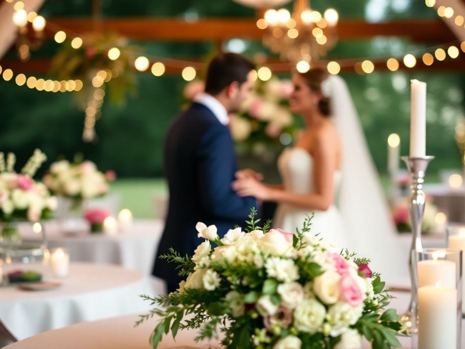 Flowers in focus with a wedding couple blurred behind