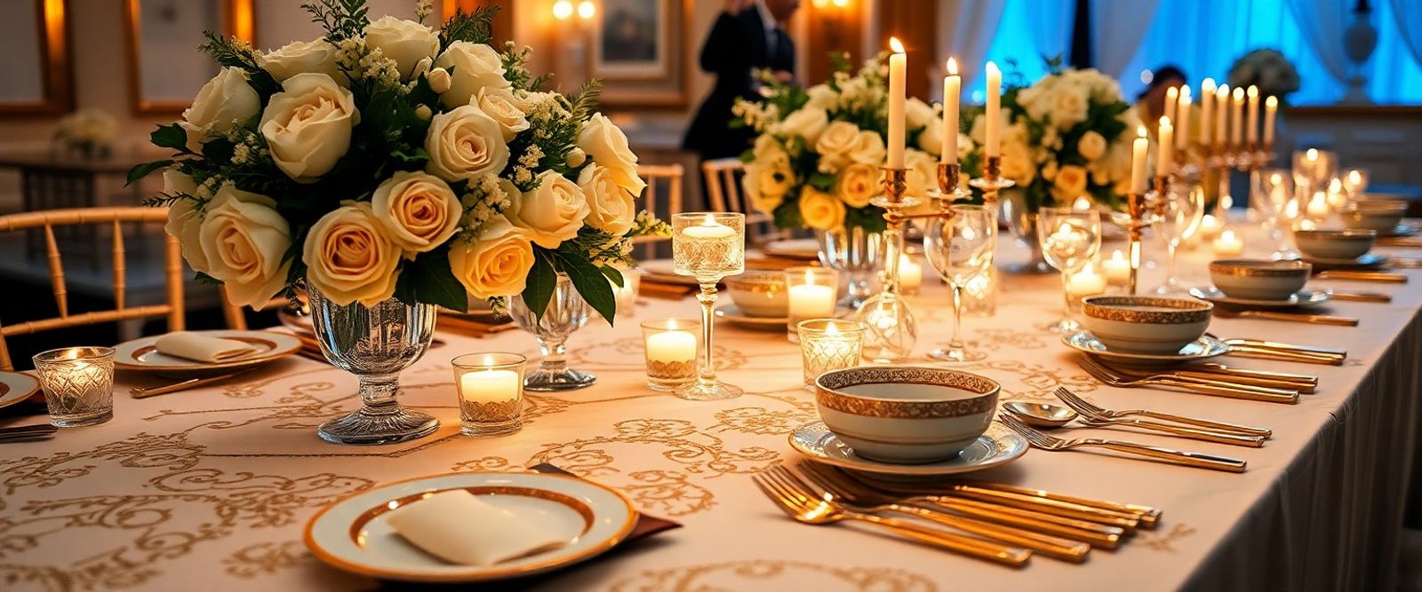 Candlelit banquet table with pale flowers and gold-rimmed settings