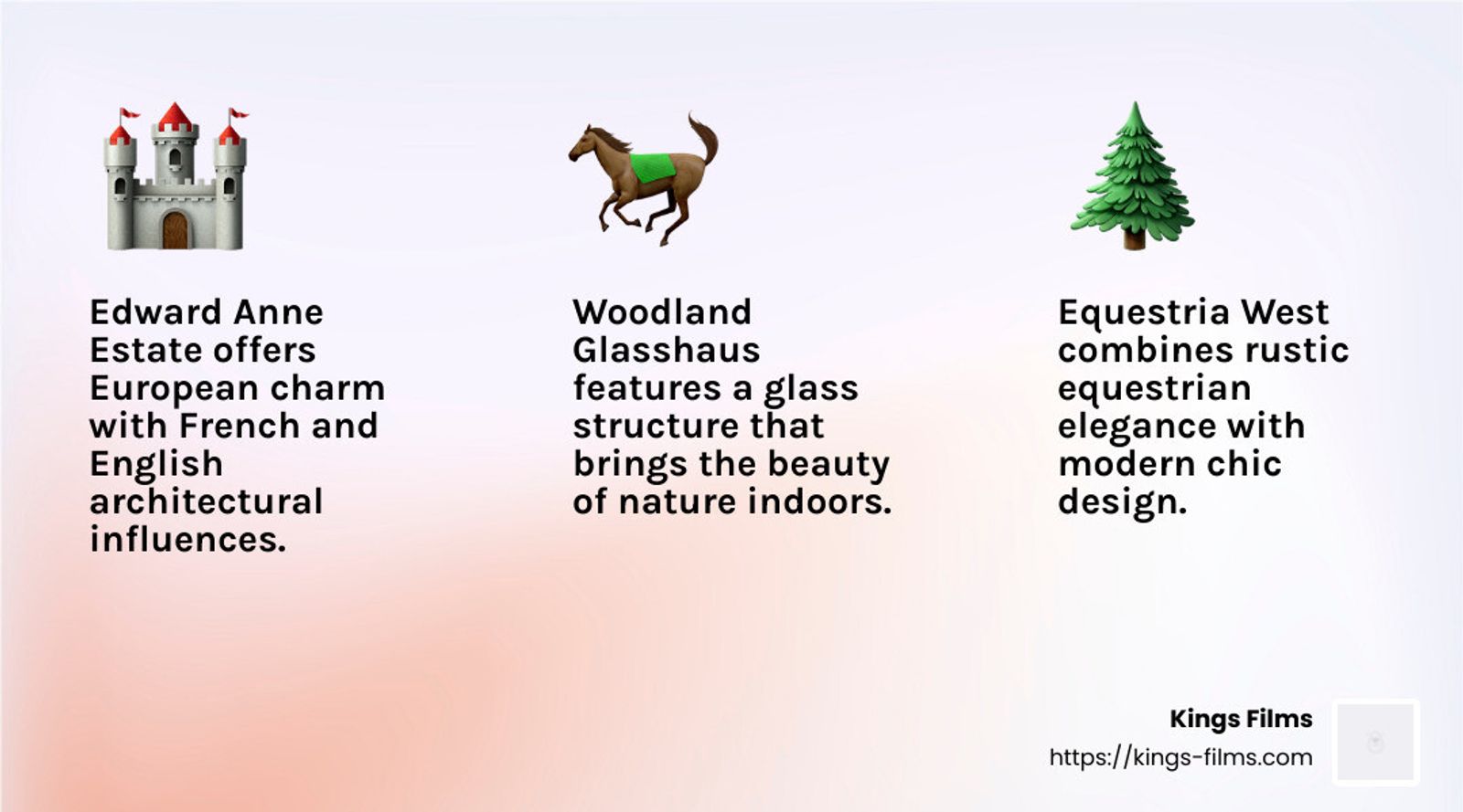 Three-card infographic naming estate glasshouse and equestrian venue styles