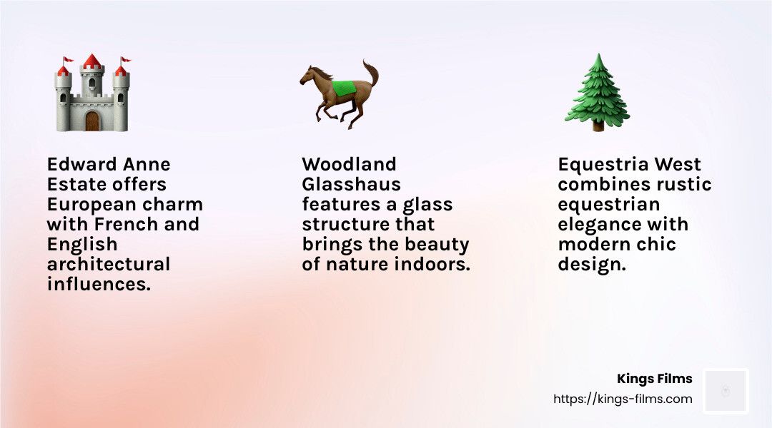 Venue Style Cards Three-card infographic naming estate glasshouse and equestrian venue styles