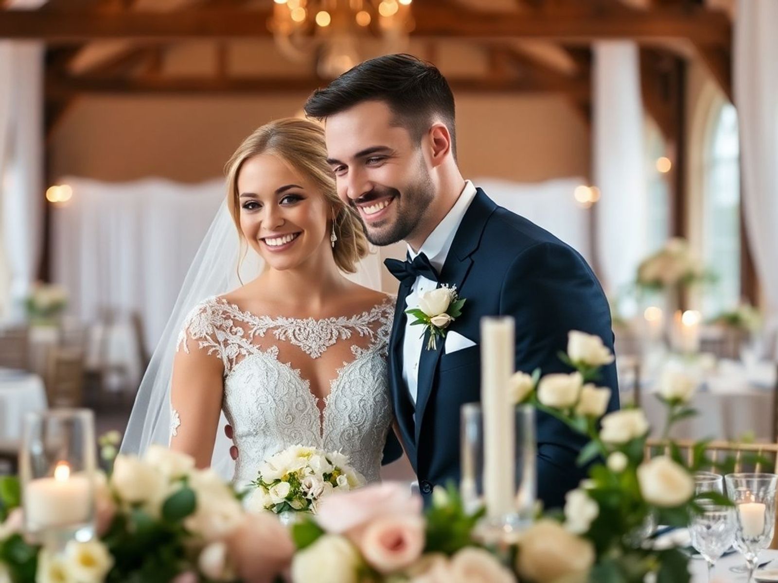 Bride and groom surrounded by elegant wedding decorations.
